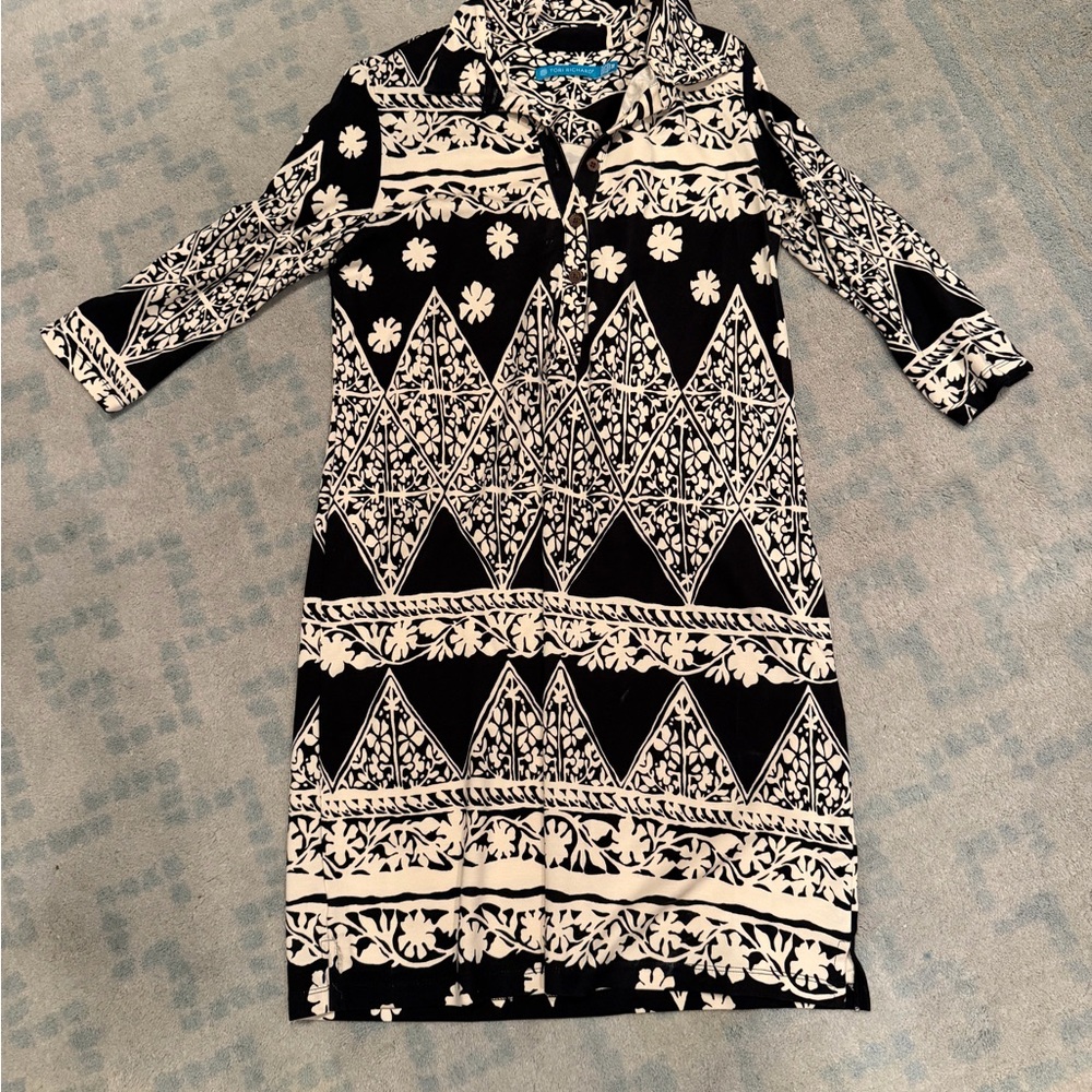 Tori Richard Black and Cream Geometric Print Midi Dress